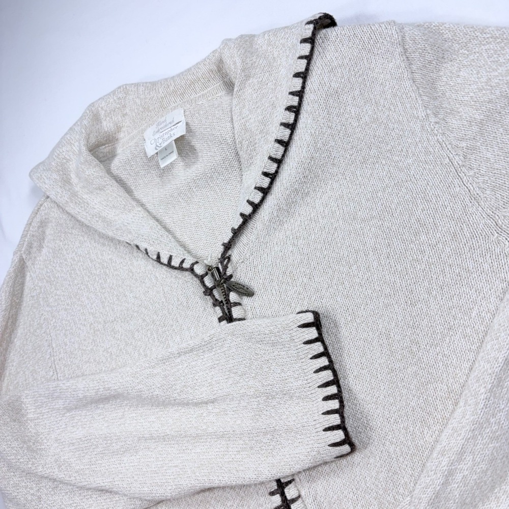 Christopher & Banks Zip Hooded Sweater Women Lg Hand Embroidered Oatmeal Brown